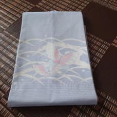 名古屋帯 薄い青色 蝶と波模様　ポリエステルのサムネイル