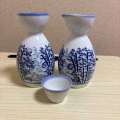 美濃焼 林山 竹文様 徳利 2本 お猪口1個 酒器 染付 昭和レトロのサムネイル