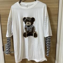 クマ刺繍ストライプ袖長袖Tシャツのサムネイル