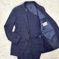 【極美品】ユニバーサルランゲージ　セットアップ　ドーメル　段返り　ネイビー　L 最高級生地REDA ユニバーサルランゲージ セットアップスーツ