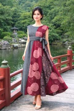 アンティーク着物リメイクワンピース正絹ウエストリボン付き着丈126