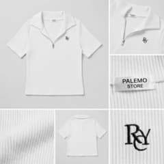 PALEMO STORE ハーフジップ リブトップス 襟付き 半袖 ホワイトのサムネイル