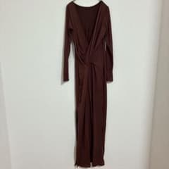 ブラウン 長袖 ロングワンピース ラップデザイン スカート ロング 焦げ茶