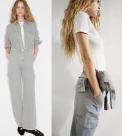 ZARA オールインワン カーゴパンツ ライトグレーのサムネイル