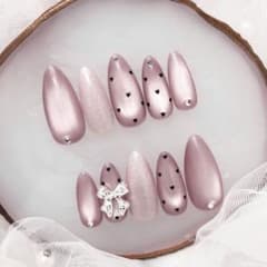 ネイルチップ フレンチガーリー マグネット リボン ドット ビジュー 399♡ネイルチップ ワンホン フレンチガーリー マグネット ドット