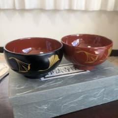 浄法寺塗　夫婦汁椀　銀杏紋　2客　うるみ工芸　天然木　専用箱　未使用品　美品 浄法寺塗 夫婦汁椀 銀杏紋 2客 うるみ工芸 天然木 専用箱 未使用品 美