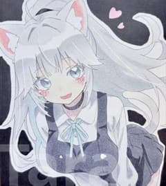 手描き イラスト オリジナル アナログ 色紙 猫 ロング ポニーテール