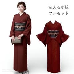 洗える小紋 フルセット 半幅帯 正絹帯締め 渋赤色 普段着 着物　イＡ9