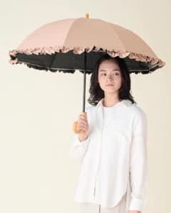 サンバリア100 2段折フリル日傘 ピンク 木ストレート手元 完全遮光