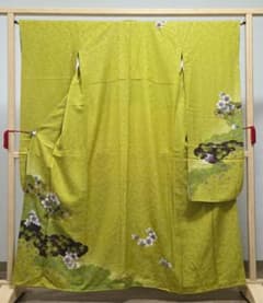 G◇着物くつろぎ 雲に花模様 銀通し 金彩 梅 袷 正絹 振袖 成人式 着物