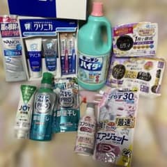 部屋干しハイター、バスマジックリン、トイレシート、歯磨きセット、食器洗剤などのサムネイル