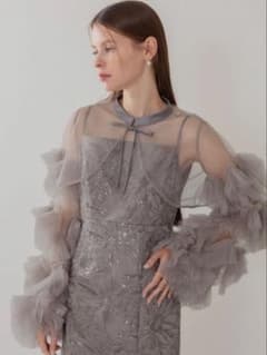 Leja フリルチュールスリーブリボンIラインワンピースドレス結婚式