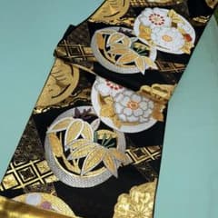 西陣織袋帯未仕立品 （株）ふくい 黒地 松竹梅慶長丸大柄文 芯入仕立込 