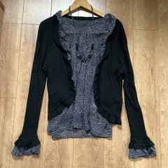 ニットアンサンブル　黒カーディガン、半袖シフォンブラウス　Mサイズ　ネックレス付