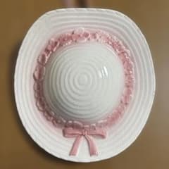 希少 麦わら帽子型 花瓶 フラワーベース 陶器 レトロ ピンク リボン