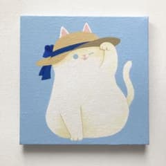 青いリボンの麦わら帽子　白猫　アクリル画　テクスチャーアート　原画のサムネイル