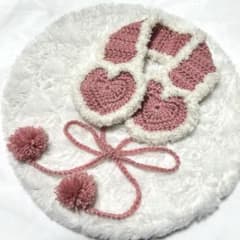 ハート イヤーマフ ハンドメイド 編み物 フワフワ リボン ピンク×ホワイト