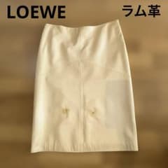 ロエベ 子羊革ベージュ 膝丈タイトスカート スペイン製 シミあり
