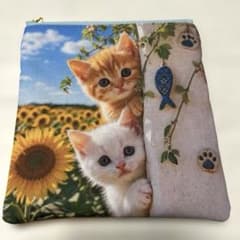 フラットポーチ ねこ柄 ひまわり 両面パネル ❤️ハンドメイド - メルカリ