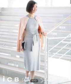 美品☆ICB グレー ノースリーブリブニットワンピース リボン M オン 