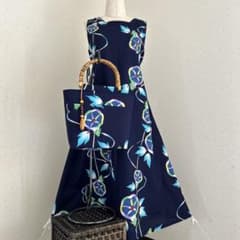 着物リメイク 新品 藍本染め浴衣フレアロングワンピ＊トートバッグ