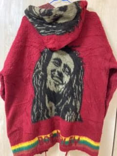 超希少古着Bob Marleyエクアドル製シャギーニットパーカーXL赤のサムネイル