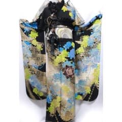 美品】振袖7点セット157cm□小柄派手ギャル系黒正絹フルセット成人式 