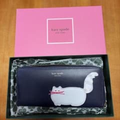 新品★kate spade★ネコ柄長財布★ kate spade ネイビー 猫デザイン 長財布 - メルカリ