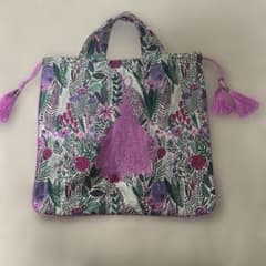 花柄 巾着バッグ トートバッグ パープル　お値下げ6500円→4500円のサムネイル