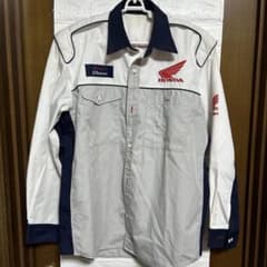 【貴重、HONDA】長袖レーシングピットシャツ ホワイト/ネイビー Lサイズのサムネイル