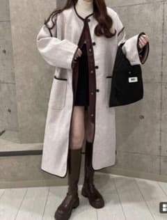 ベージュ ウール風 ボタン付きロングコートのサムネイル