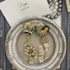 アンティークボタン カメオ パール チェコガラス ピアス イヤリング