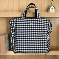 新作☆ハンドメイド☆ワンマイルお出かけバック☆レビューブック用☆ブラックギンガムのサムネイル