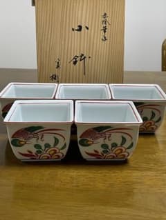 【美品】たち吉　橘吉　赤絵花鳥　角深小鉢　5客セット　木箱付き