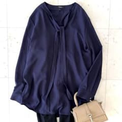 美品 セオリー ボウタイブラウス ネイビー 洗える S とろみブラウス