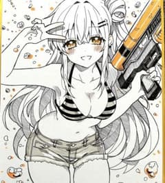 オリジナルイラスト アナログイラスト 色紙 夏 水着 女の子 手描き 海