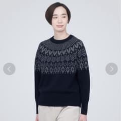 無印良品◆メリノウールジャカード編みクルーネックセーター　ネイビーMのサムネイル