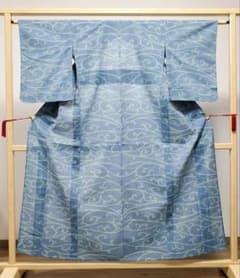 B◆着物くつろぎ 夏物 唐草模様 薄青色 小紋 綿麻 薄物 絽 紗 着物 B◇着物くつろぎ 夏物 唐草模様 薄青色 小紋 綿麻 薄物 絽 紗 着物