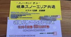 岐阜スノーエリア共通　リフト券1日券1枚半額券1枚　高鷲　ダイナランドなどのサムネイル