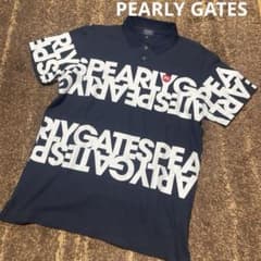 美品パーリーゲイツ メンズ ゴルフ シャツ ネイビー ロゴプリント総柄