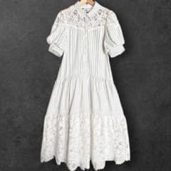 Estella.K レース切替 ストライプ ティアードロングワンピース パフ袖