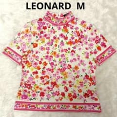 レオナール　カットソー 花柄 ジュエルプリント パフスリーブ リボン　トリム レオナール✨カットソー Tシャツ 花柄 半袖 ハイネック プリントトリム