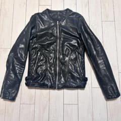 Varde77 ノーカラー リブ ライダース レザージャケット ブラック S