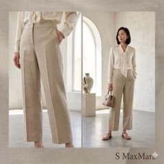 エスマックスマーラ リネンパンツ 42 ベージュ S MaxMara【42】リネンワイドパンツ ベージュ 通勤 外出 ルーマニア製