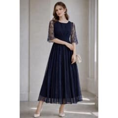 DRESS PLUS レースシフォンドッキング パーティードレス ネイビー S 