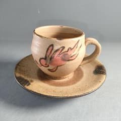 A1323-5/益子焼/杉本浩太郎 作/色絵兎文カップ&ソーサー/茶道具/煎茶器