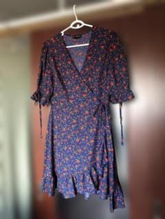 ASOS 花柄 ラップワンピース ネイビー 膝丈 半袖 小花柄 Lサイズのサムネイル