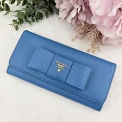 美品】PRADA 長財布 サフィアーノ フィオッコ リボン 折り財布 ブルー