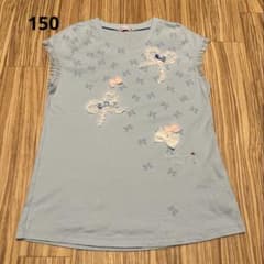 新品　美品　カラフル　ミキハウス　Tシャツ　140 リーナちゃん　ドレス　リボン 美品】ミキハウス 水色 リボン刺繍 Tシャツ 150cm リーナちゃん 半袖