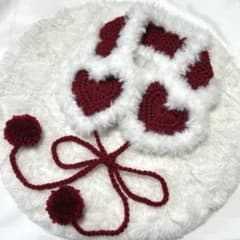 ハート イヤーマフ ハンドメイド 編み物 リボン ワインレッド×ホワイト